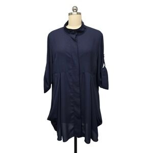 Joseph Ribkoff Navy Blue Mandarin Collar Pleated Tunic Shirt Top Womens Size 14